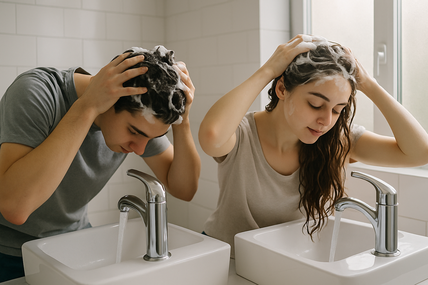 A guy and a girl doing face washing hair