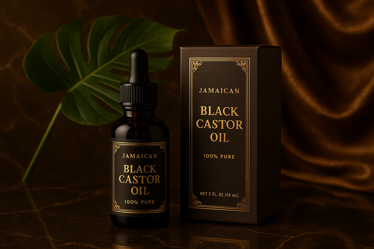 Jamaican black castor oil 2oz 50m with a box next to it, luxurious background with a plant 